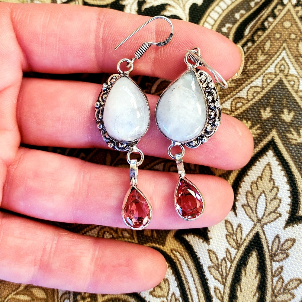 New Rainbow Moonstone and Rubellite 925 Silver Dangle Earrings.